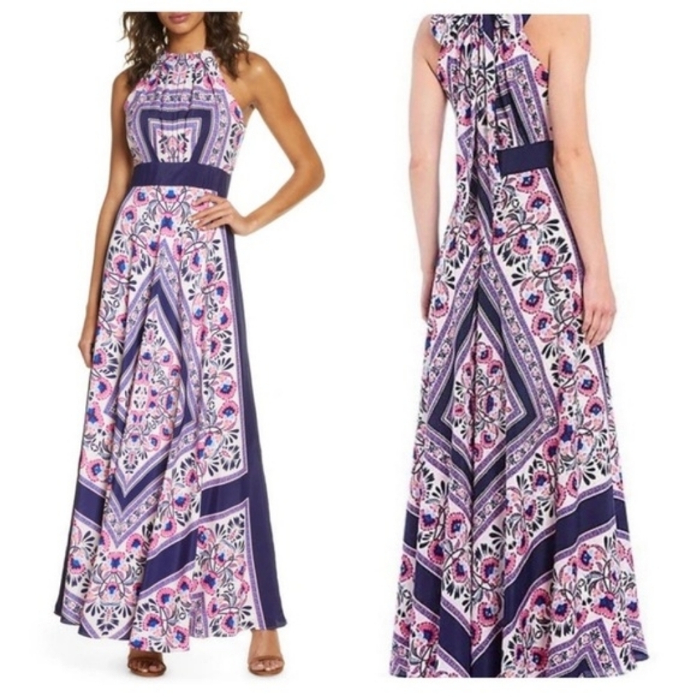 Eliza J Floral Scarf Maxi Dress with Purple and Pink Hues - Size 0, Small